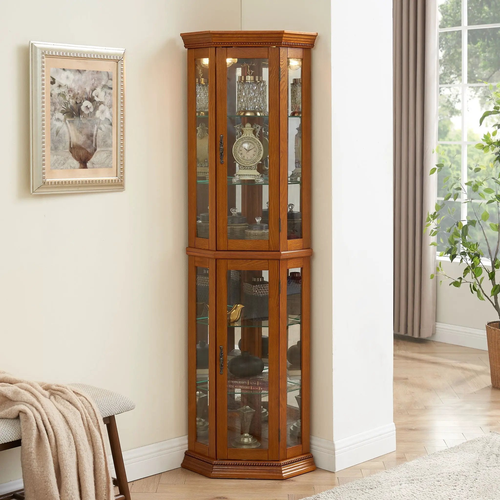 Corner Curio Cabinet With Lights, Adjustable Tempered Glass Shelves, Mirrored Back, Display Cabinet (E26 Light Bulb Not Included) by HouseOfZazla