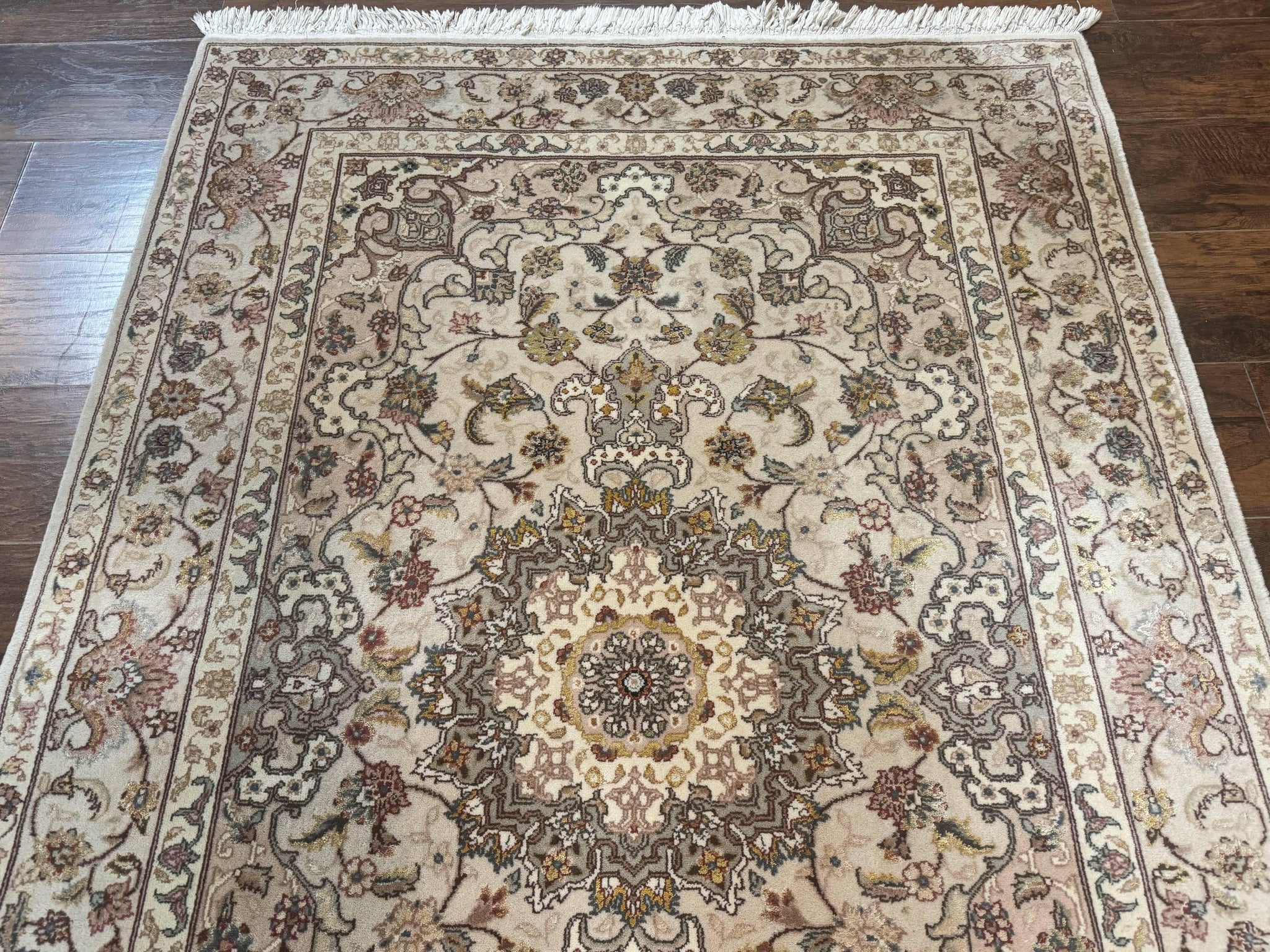 Pak Persian Rug 4x6, Floral Medallion, Beige, Wool and Silk Highlights, Vintage Handmade Rug by Jewel Rugs