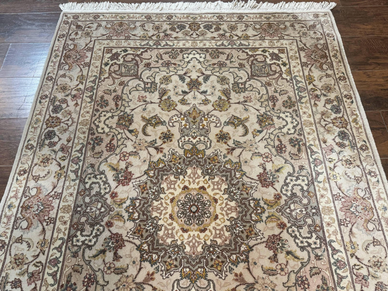 Pak Persian Rug 4x6, Floral Medallion, Beige, Wool and Silk Highlights, Vintage Handmade Rug by Jewel Rugs