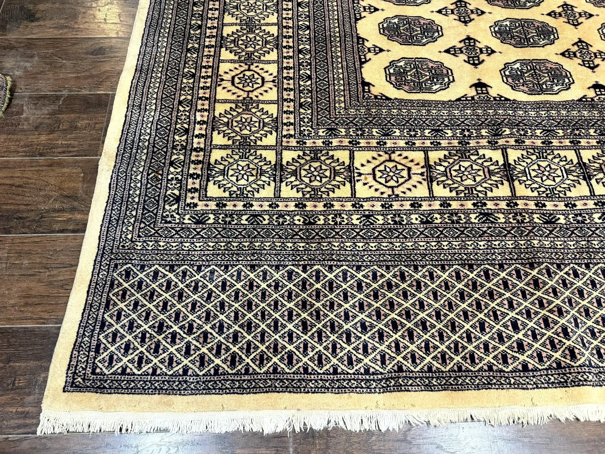 Pakistani Bokhara Turkoman Rug 9x11, Cream, Handmade Wool Vintage Carpet by Jewel Rugs