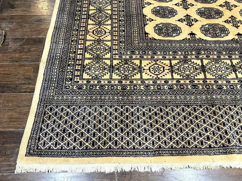Pakistani Bokhara Turkoman Rug 9x11, Cream, Handmade Wool Vintage Carpet by Jewel Rugs