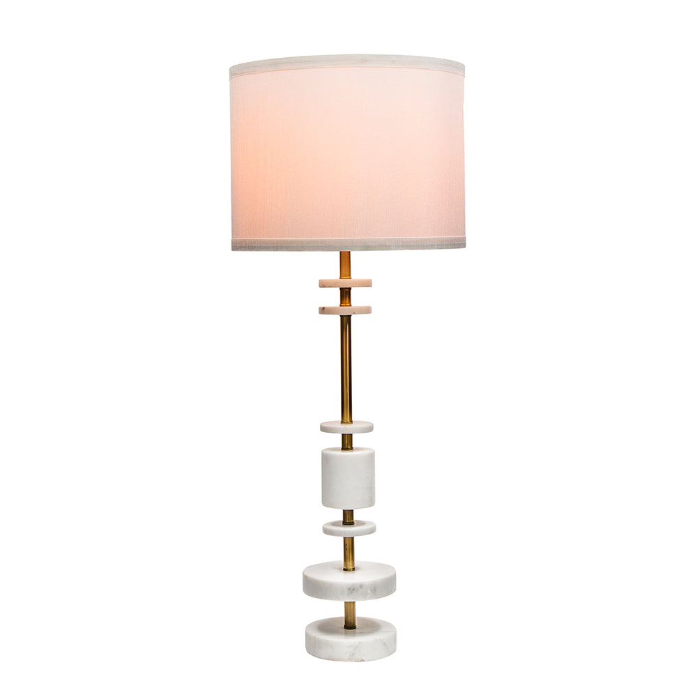 White Marble Table Lamp with Brass Frame and Drum Shade - White, photo 3 of 10