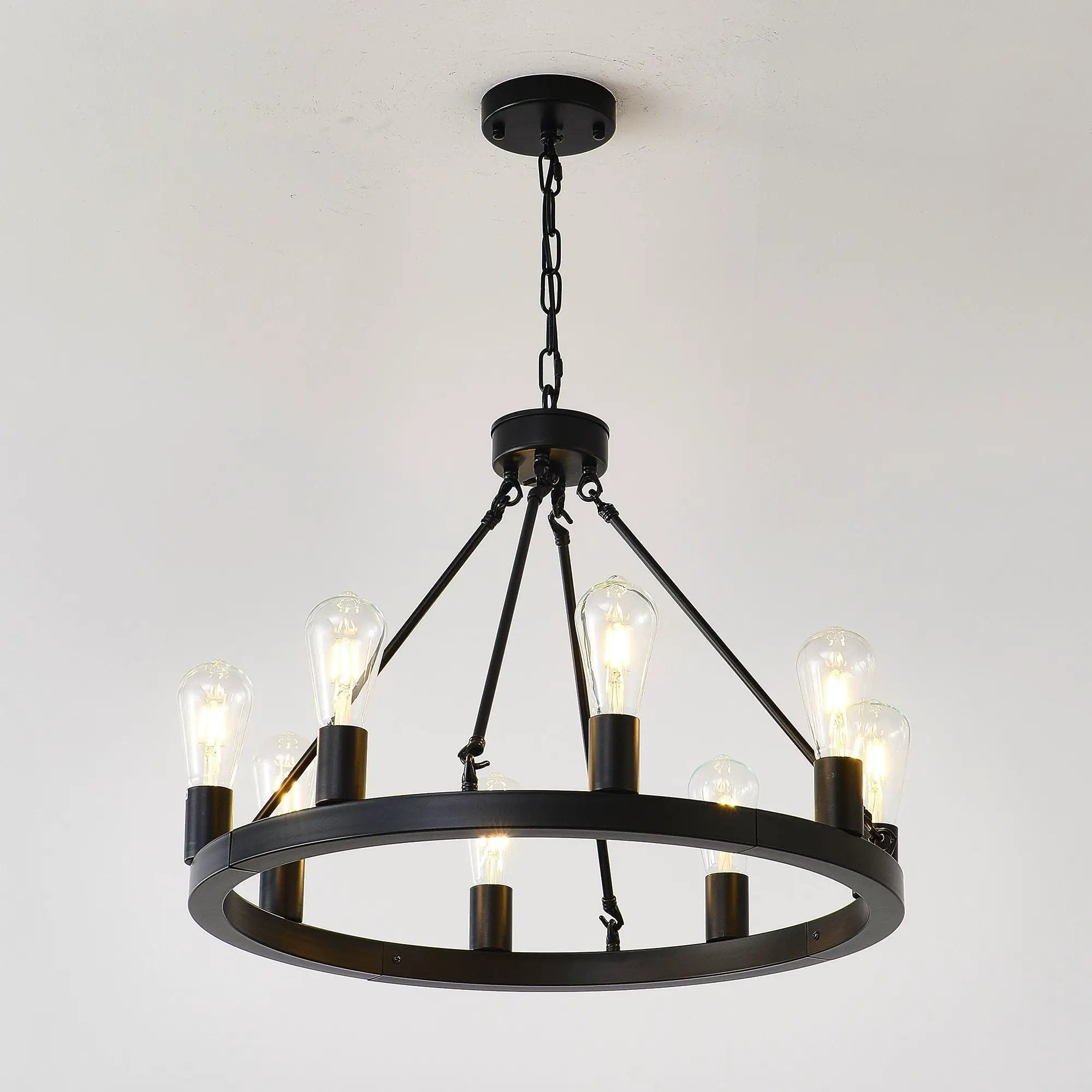 6 Light (No Bulbs) Wagon Wheel Chandelier Farmhouse Modern Small Round Chandelier For Living Room Kitchen Island Foyer Hallway Entryway Bedroom Dining Room Light Fixture Ceiling Hanging - Matte Black by HouseOfZazla