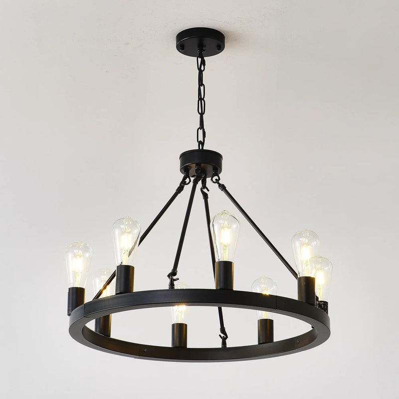 6 Light (No Bulbs) Wagon Wheel Chandelier Farmhouse Modern Small Round Chandelier For Living Room Kitchen Island Foyer Hallway Entryway Bedroom Dining Room Light Fixture Ceiling Hanging - Matte Black by HouseOfZazla