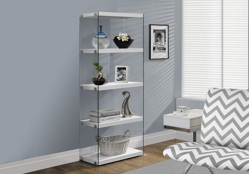 5-Tier White Bookcase with Tempered Glass Sides - White, photo 2 of 4