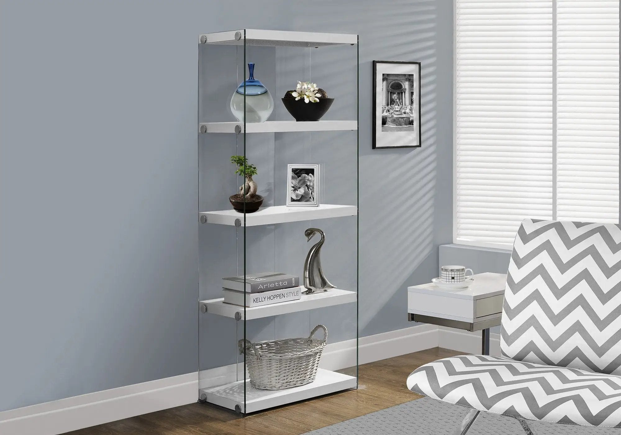 Bookshelf, Bookcase, Etagere, 5 Tier, Glossy Clear Tempered Glass - White by Unique Piece Furniture