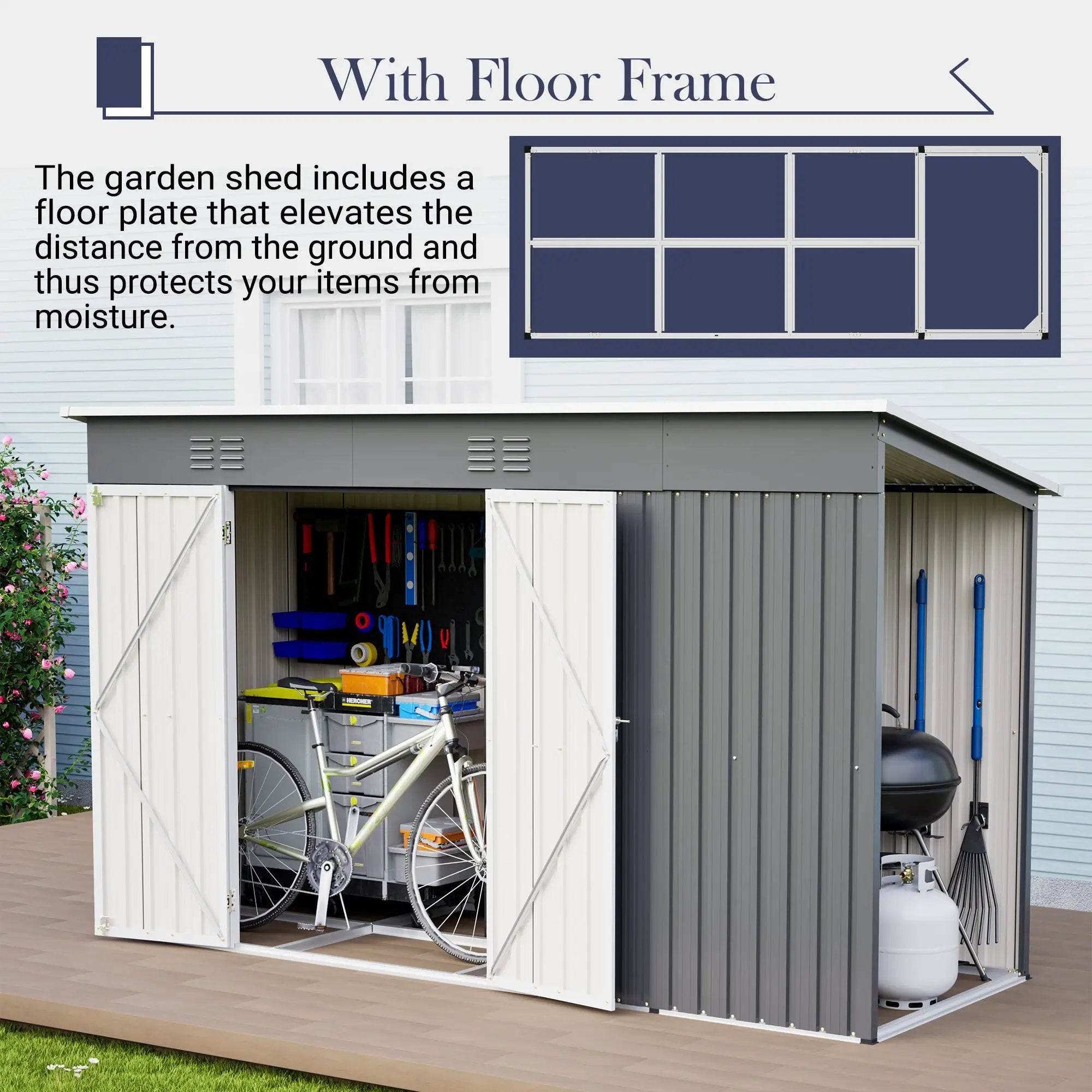 10'x4' Outdoor Metal Storage Shed for Garden Tools Lockable Door With Floor Frame by HouseOfZazla