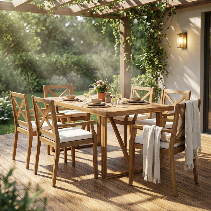 7 Pieces Acacia Wood Outdoor Dining Set with Cream Cushions by HouseOfZazla