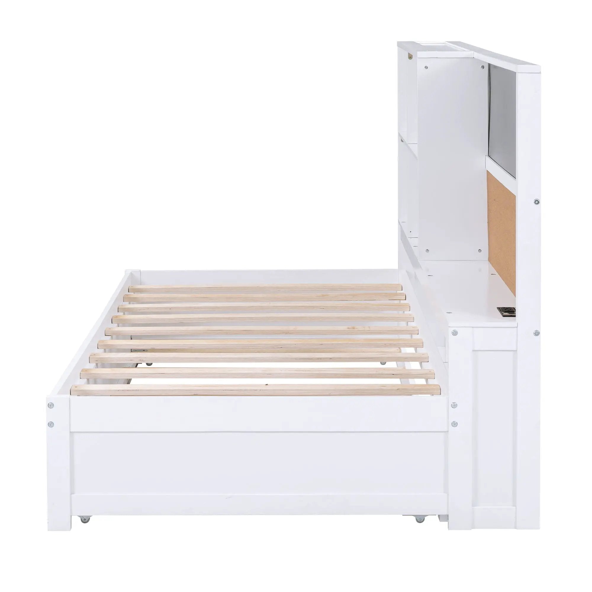 Twin Size Daybed With Storage Shelvesboard, Cork Board, USB Ports And Trundle - White by HouseOfZazla