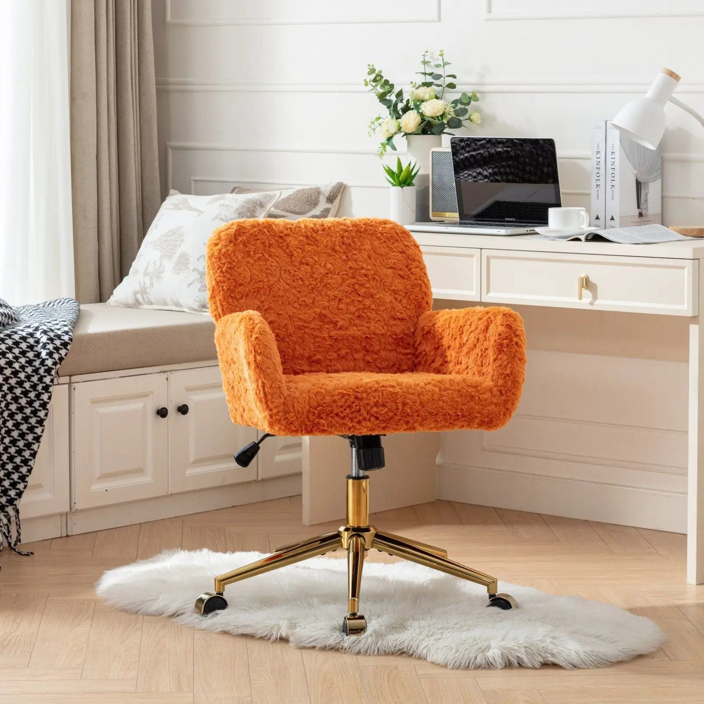 Office Chair, Artificial Rabbit Hair Home Office Chair With Metal Base, Adjustable Desk Chair Swivel Office Chair, Vanity Chair by HouseOfZazla