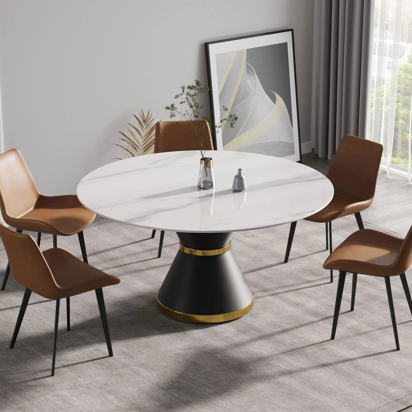 Modern Artificial Stone Round Carbon Steel Base Dining Table, Can Accommodate 6 People by HouseOfZazla