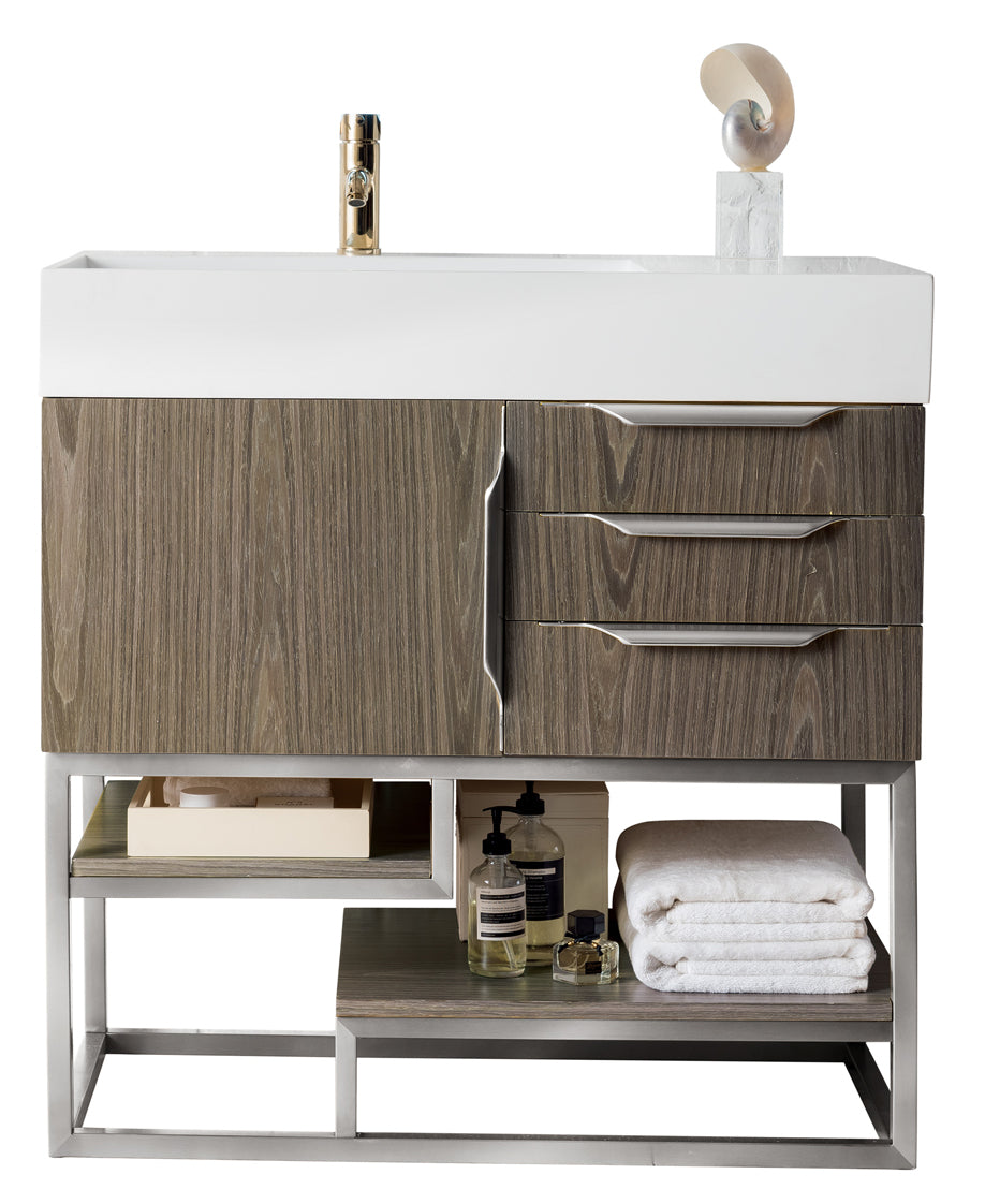 James Martin Columbia 36" Single Bathroom Vanity, Ash Gray with Glossy White (Brushed Nickel) countertop