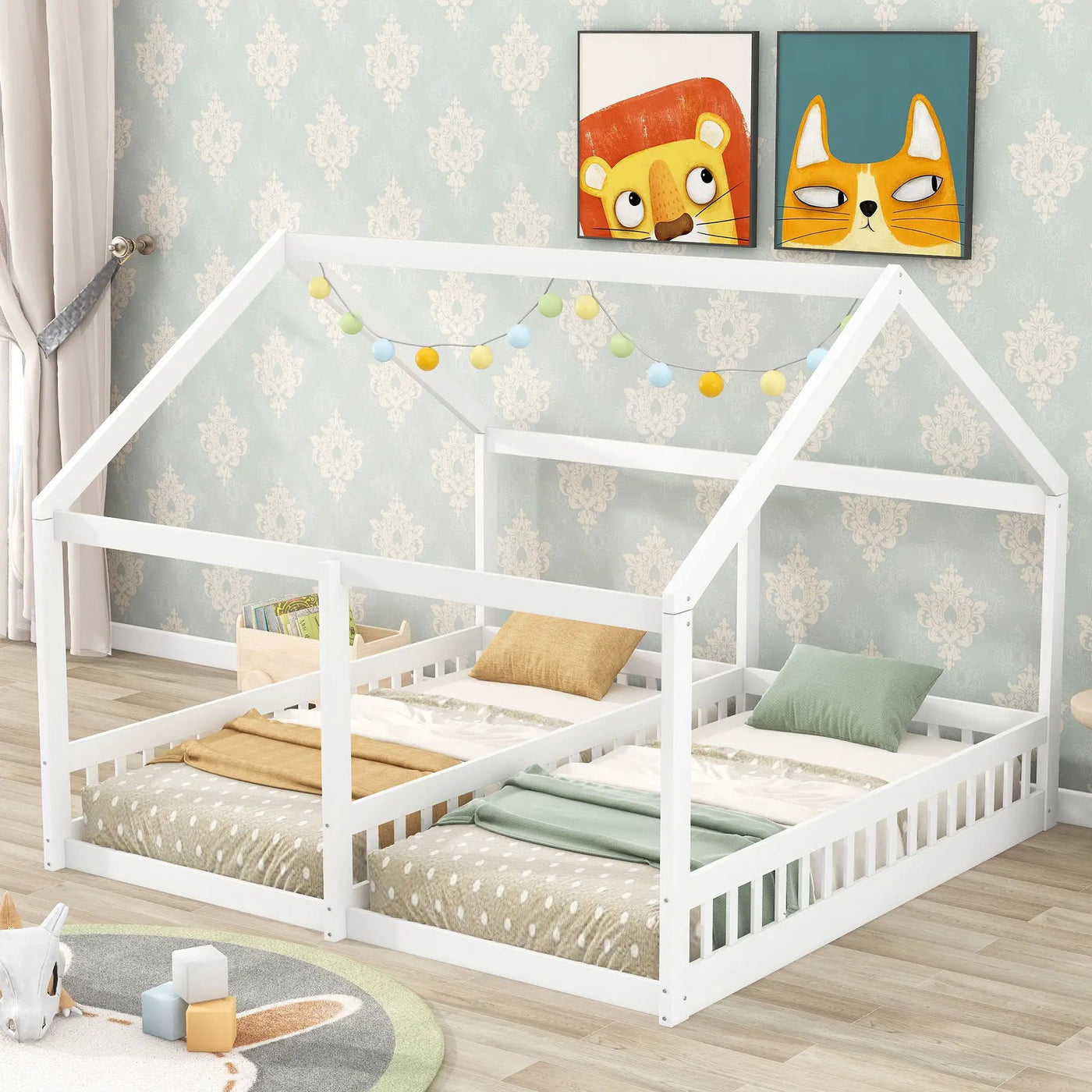 House Platform Beds, 2 Shared Beds, Metal Frame With Guardrails by HouseOfZazla