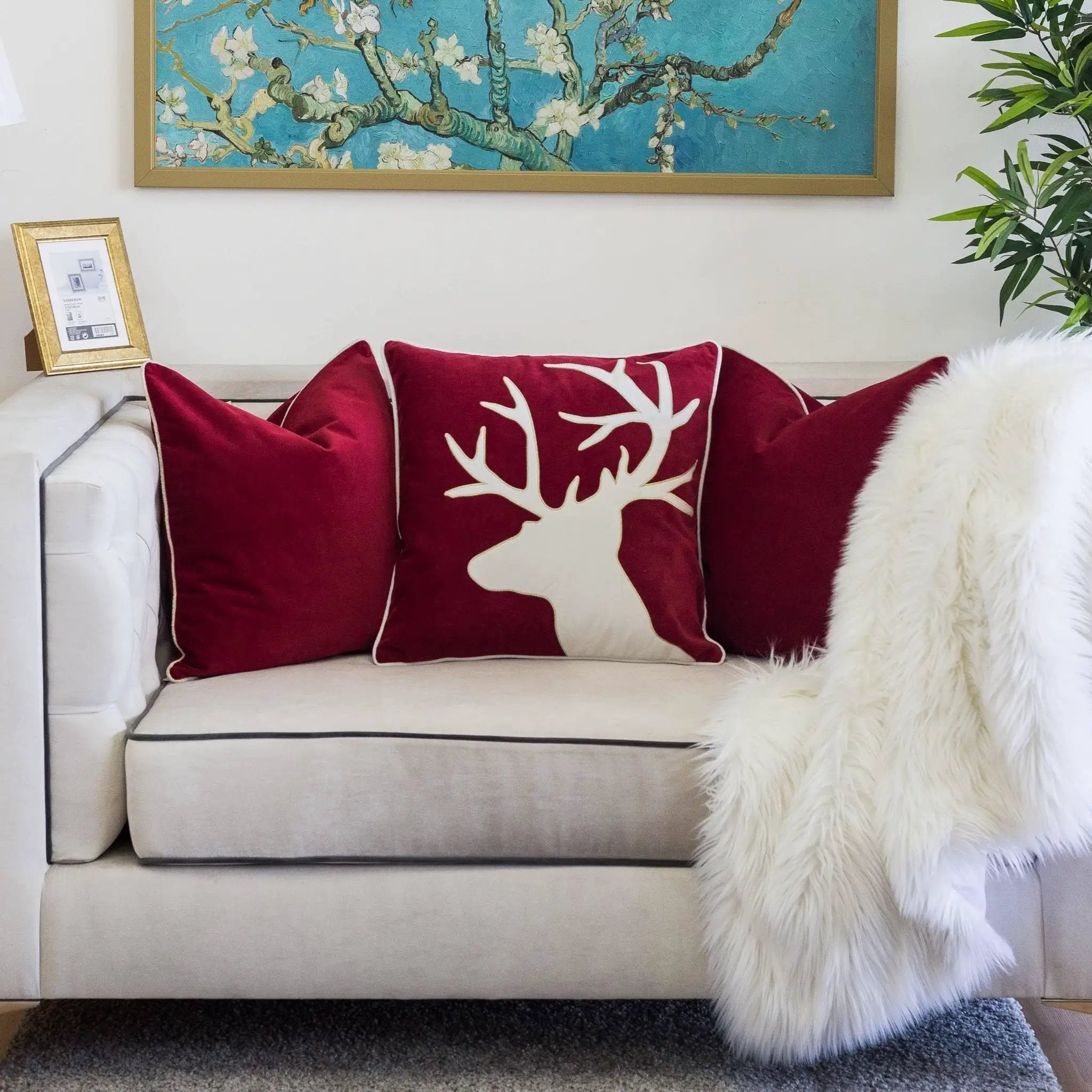 Holiday Reindeer Velvet Accent Pillow 20x20 – Red and White with Insert by HouseOfZazla