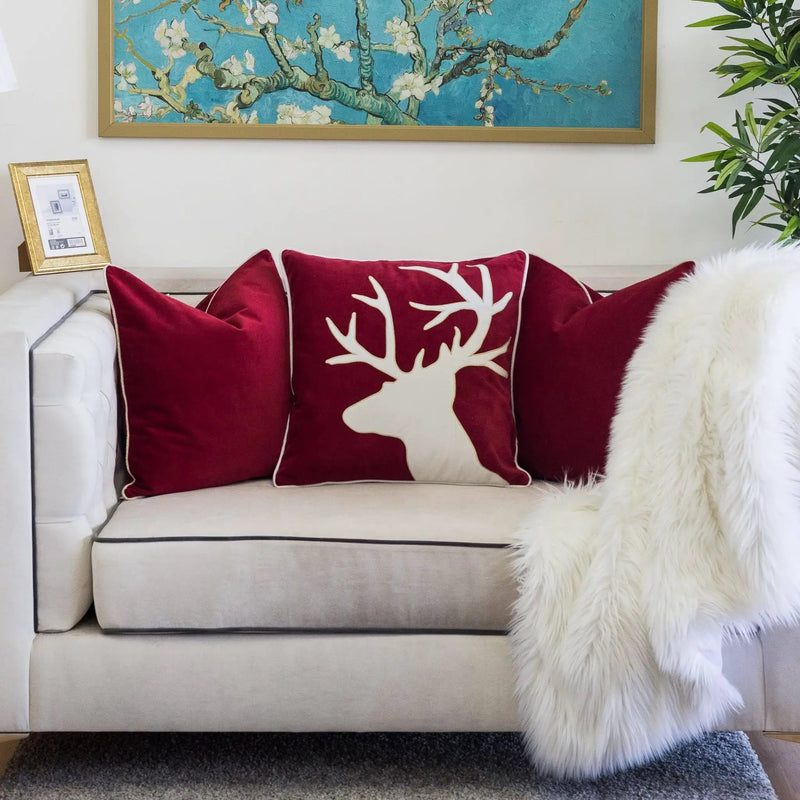 Holiday Reindeer Velvet Accent Pillow 20x20 – Red and White with Insert by HouseOfZazla