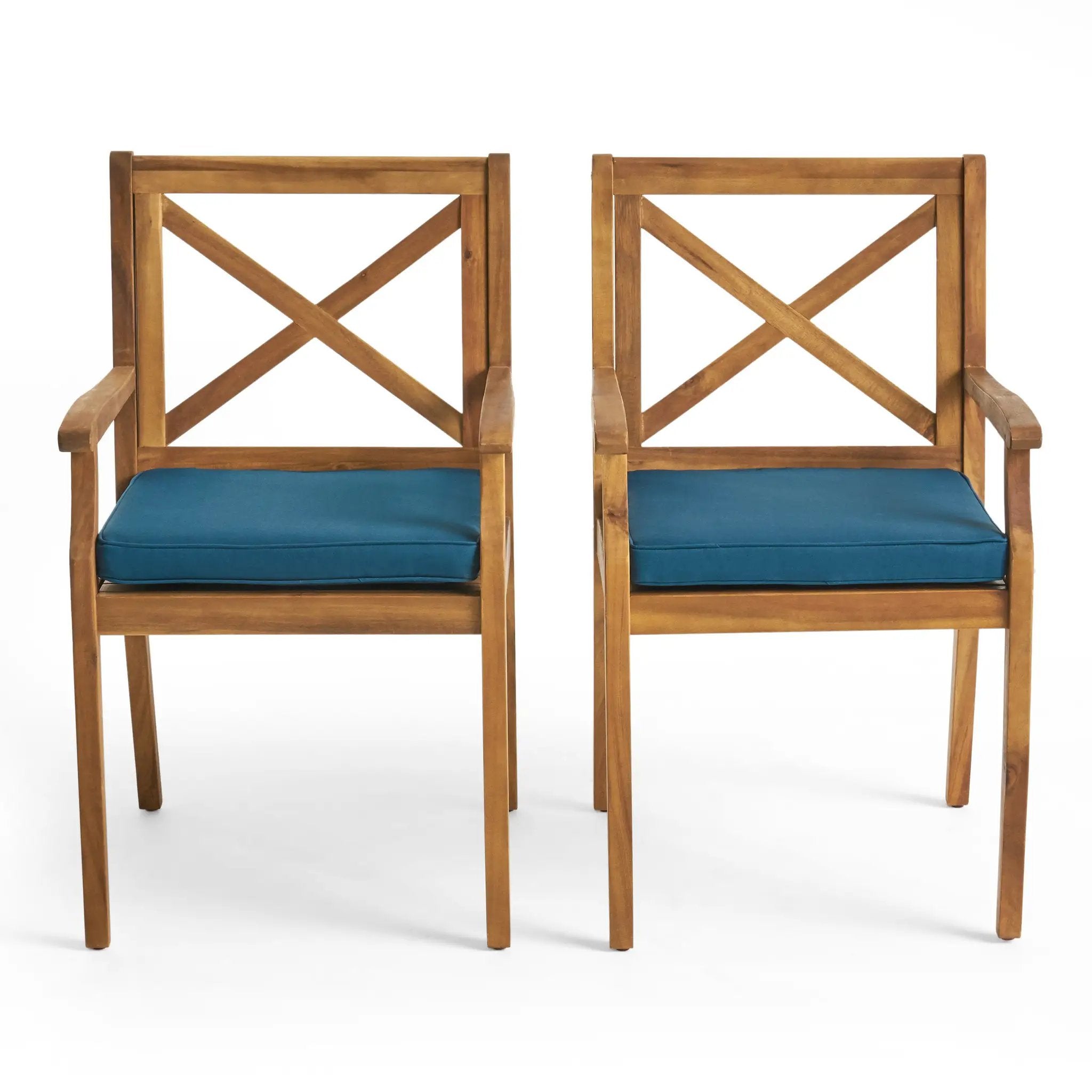 7 Pieces Acacia Wood Outdoor Dining Set with Blue Cushions by HouseOfZazla
