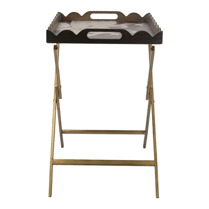 23.5x15.5x24 Brown MDF Tray Table with White Swan Motif and Iron Base by HouseOfZazla