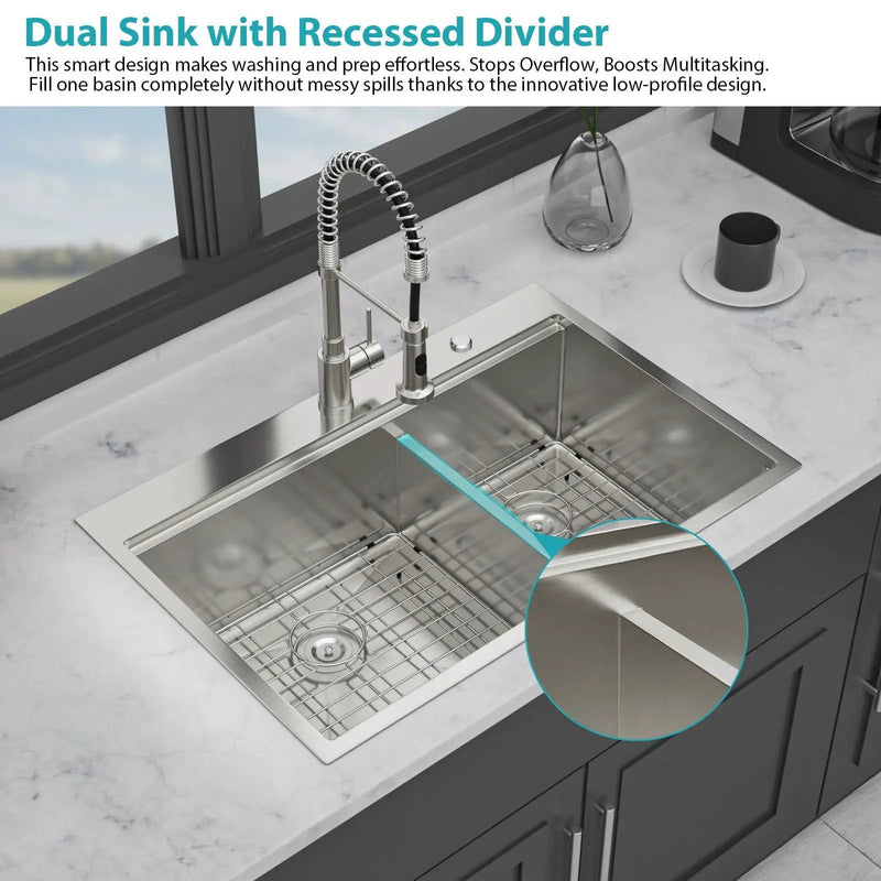 Topmount Drop In Kitchen Sink, Double Bowl Stainless Steel - Brushed Nickel by HouseOfZazla