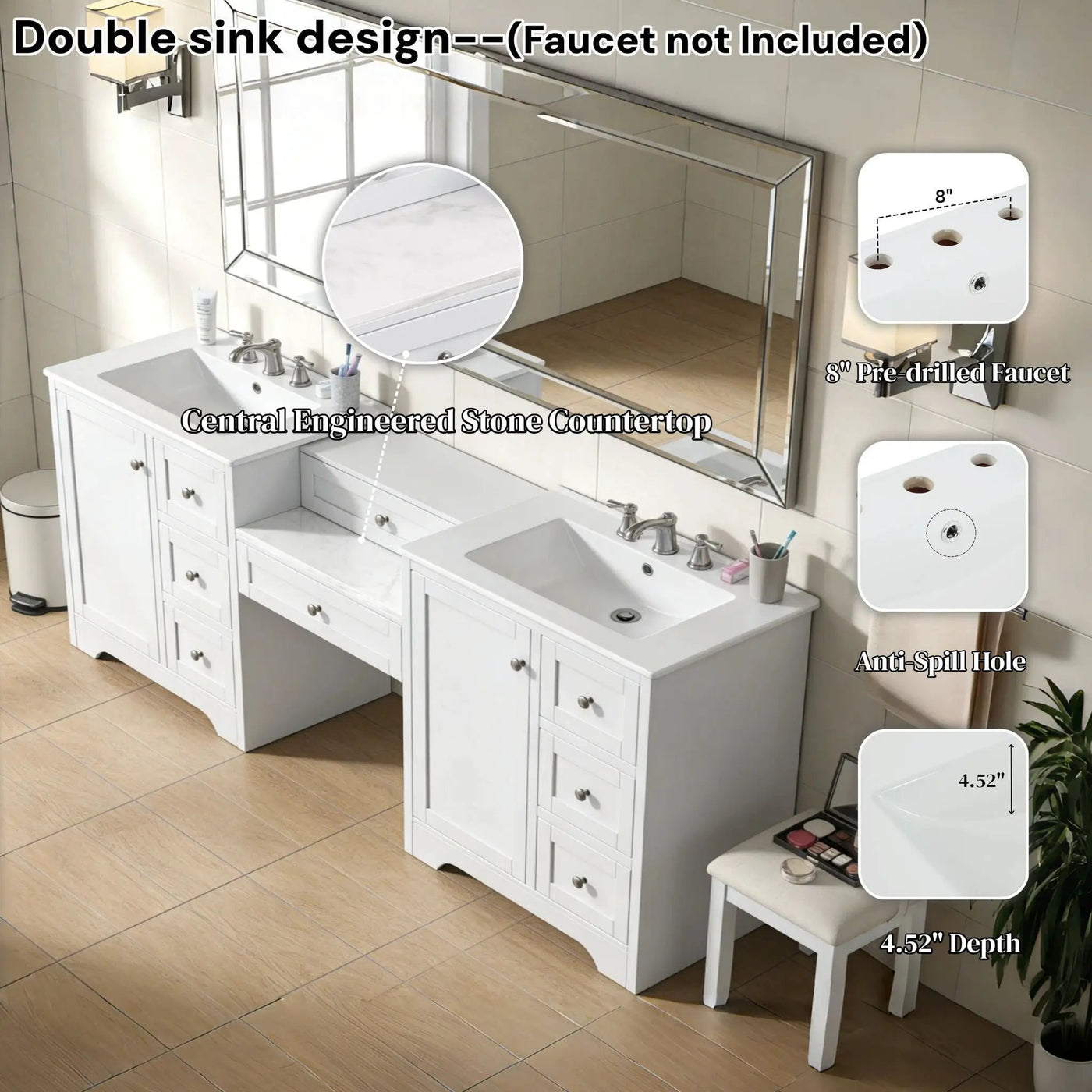 Double Sink Bathroom Vanity With Countertop, 2 Ceramic Sinks, 6 Drawers by HouseOfZazla