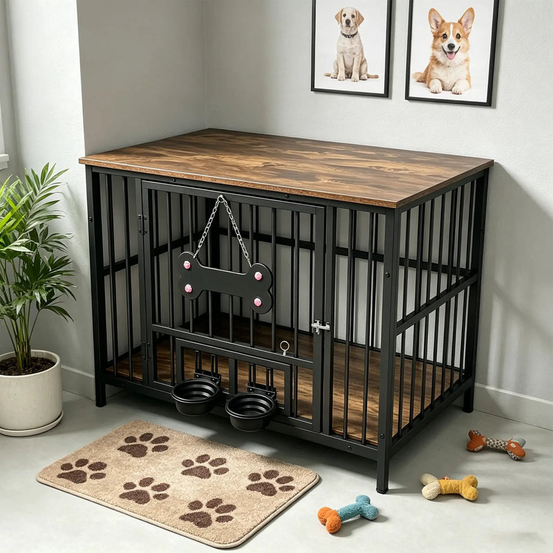 Vintage Wood Grain Dog Cage with Rotating Bowl by HouseOfZazla