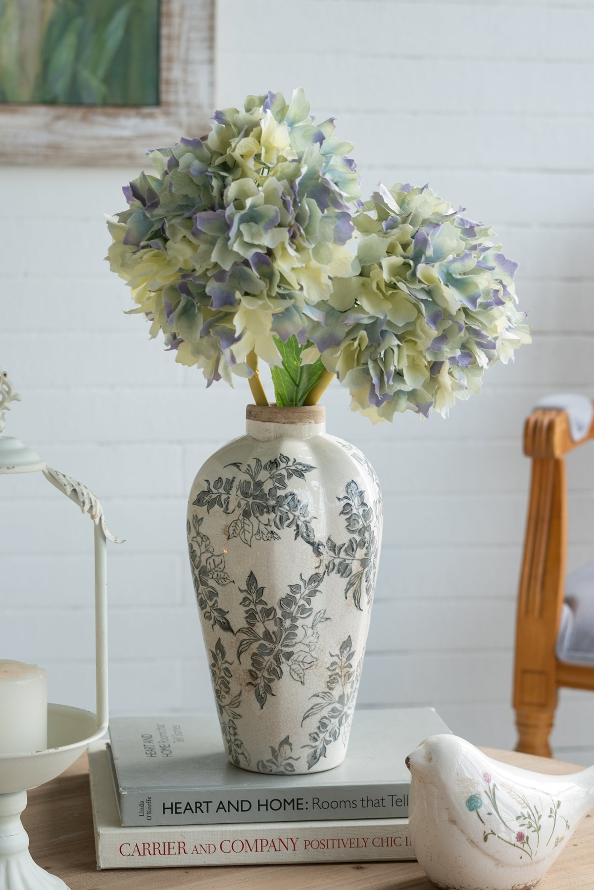 6.7x6.7x11.6' White Ceramic Accent Vase with Gray Floral Design by HouseOfZazla