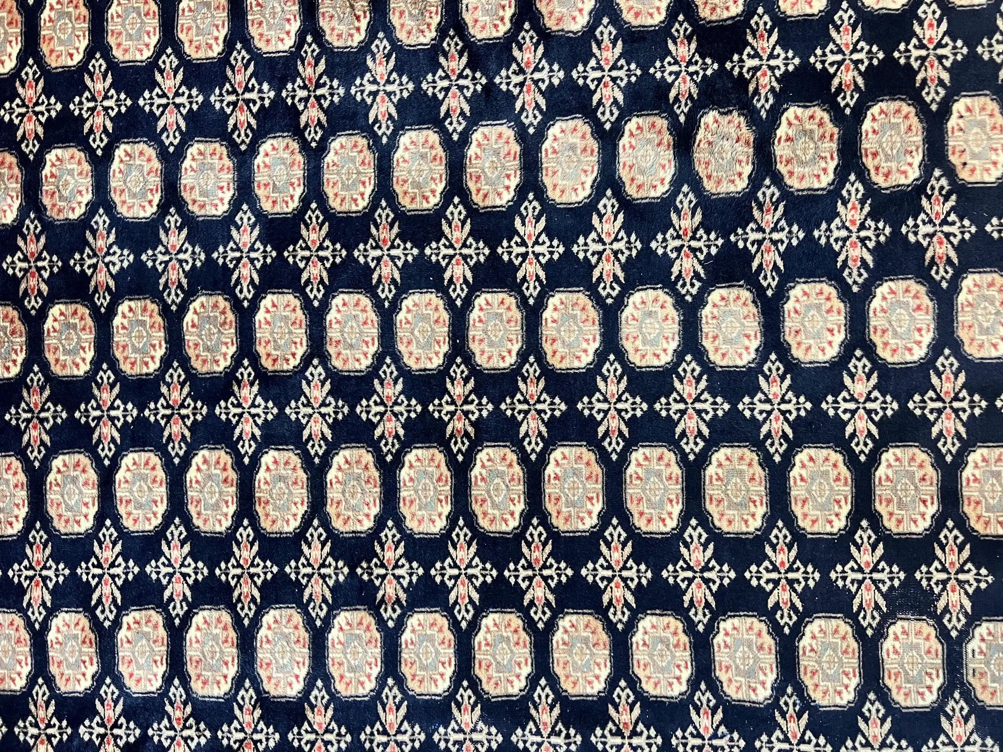 Pakistani Bokhara Rug 8x10, Turkoman Carpet, Dark Blue and Beige, Vintage Handmade Wool Carpet by Jewel Rugs