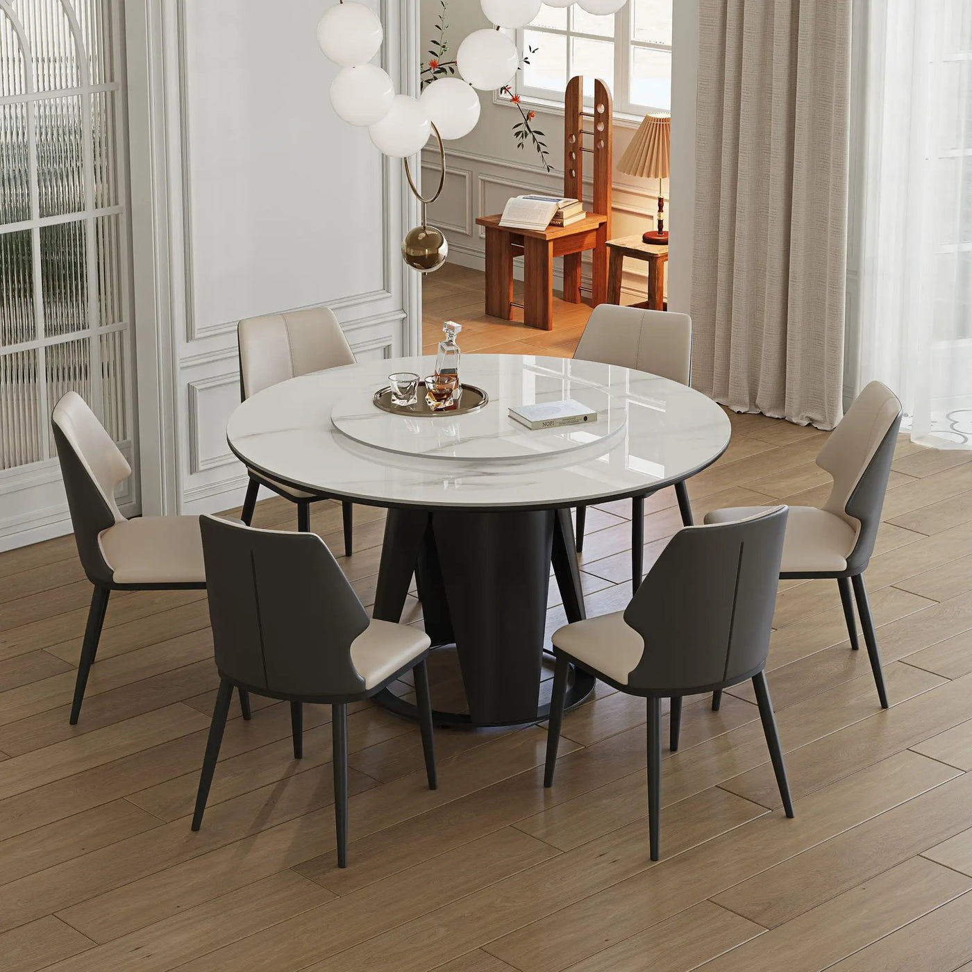 Modern Sintered Stone Dining Table With Round Turntable, Metal Pedestal, And Chairs by HouseOfZazla