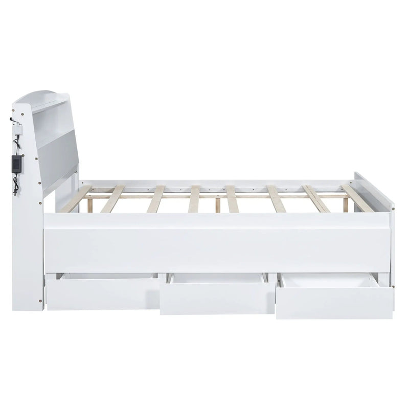 Full Size Platform Bed With Storage LED Headboard, Twin Trundle And 3 Drawers - White by HouseOfZazla