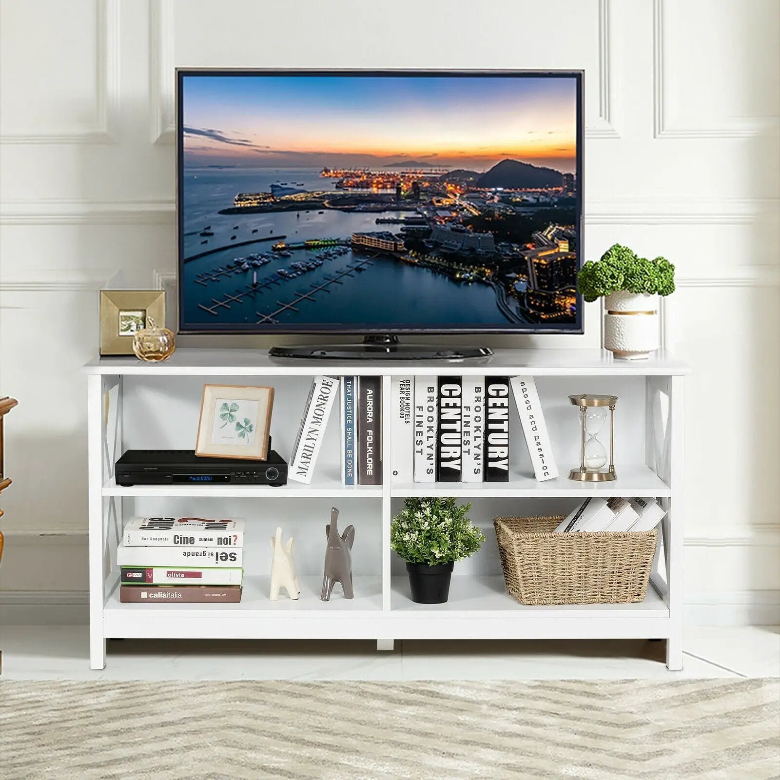 Wooden TV Stand Entertainment for TVs up to 55 Inch with X-Shaped Frame by DirectDeals
