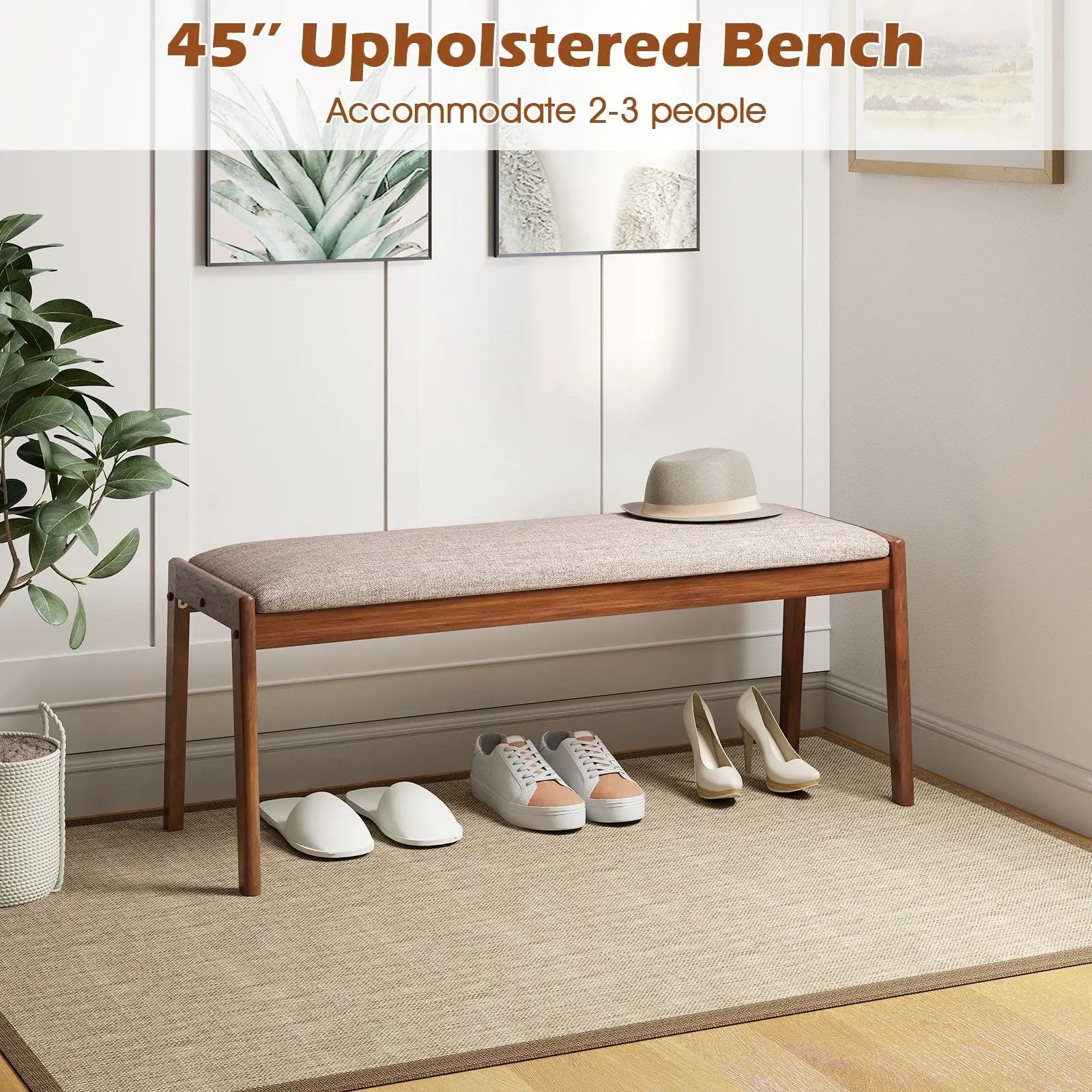 45 Inch Farmhouse Backless Bench with Rubber Wood Legs and Fabric Padded Seat-Beige by DirectDeals
