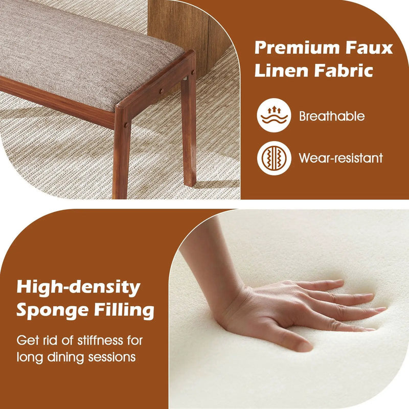 45 Inch Farmhouse Backless Bench with Rubber Wood Legs and Fabric Padded Seat-Beige by DirectDeals