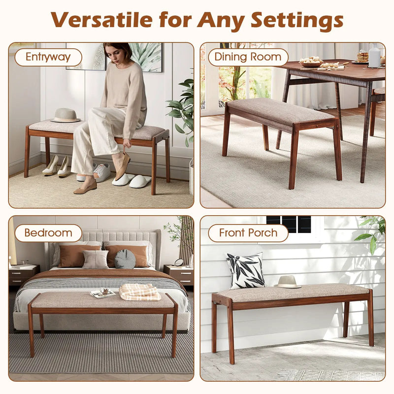 45 Inch Farmhouse Backless Bench with Rubber Wood Legs and Fabric Padded Seat-Beige by DirectDeals