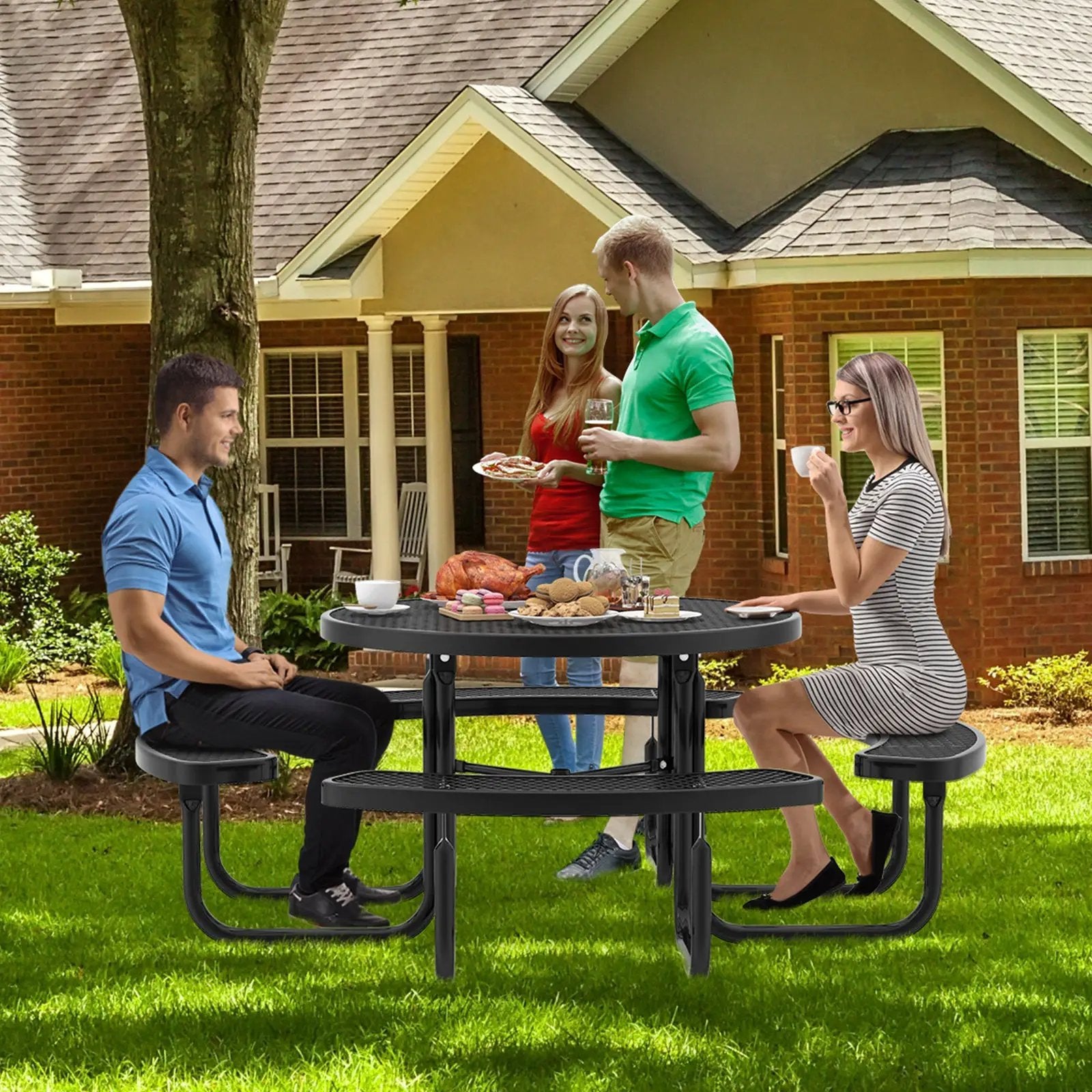 45 Inches Outdoor Round Picnic Table and Bench Set for 8 with Umbrella Hole-Black by DirectDeals