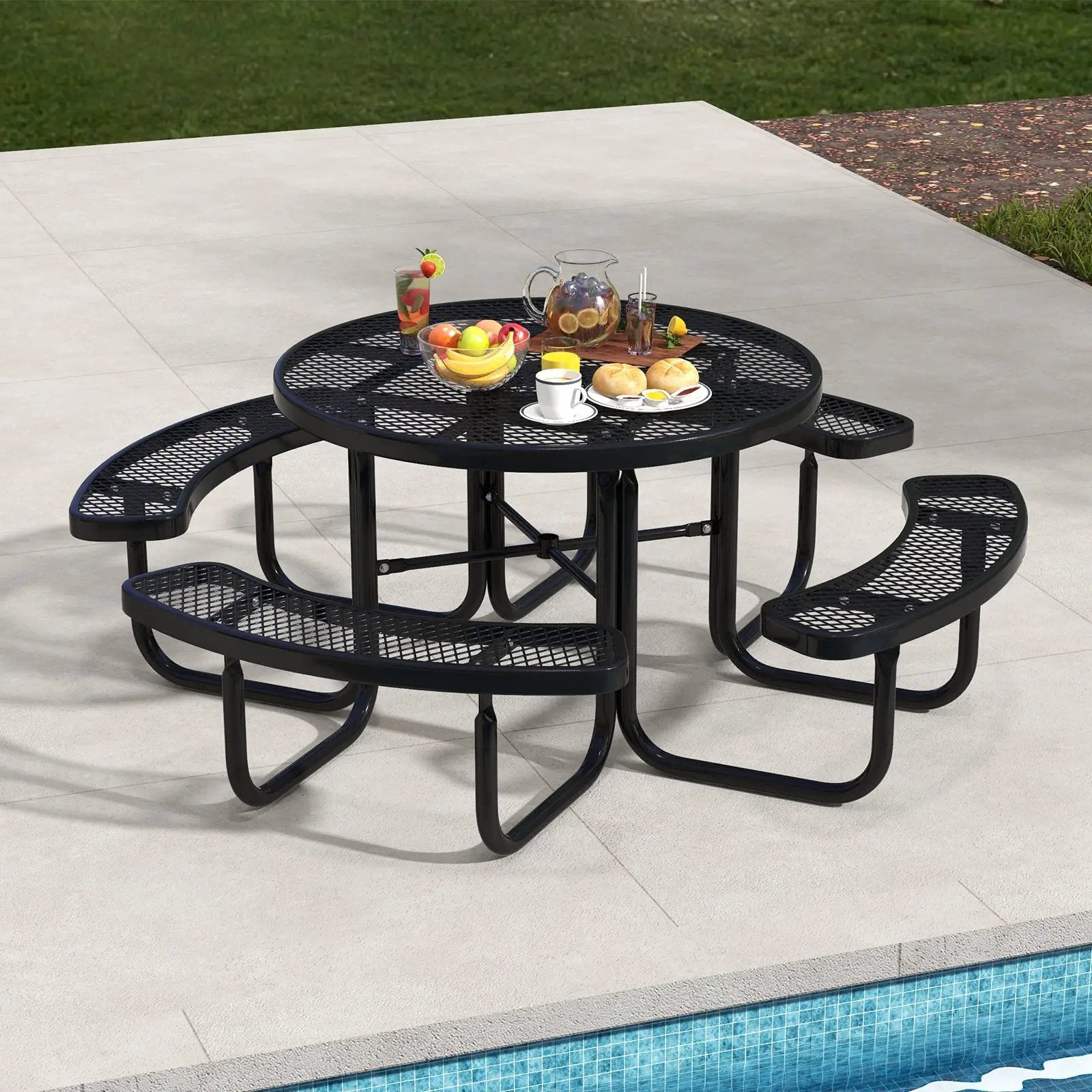 45 Inches Outdoor Round Picnic Table and Bench Set for 8 with Umbrella Hole-Black by DirectDeals