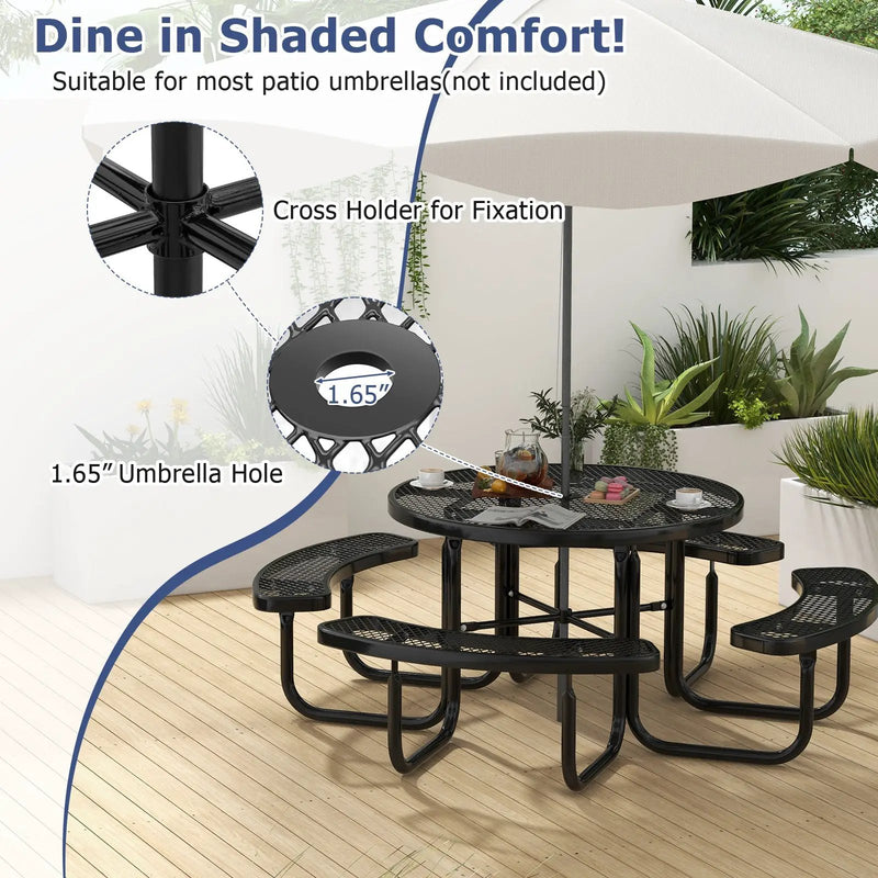 45 Inches Outdoor Round Picnic Table and Bench Set for 8 with Umbrella Hole-Black by DirectDeals