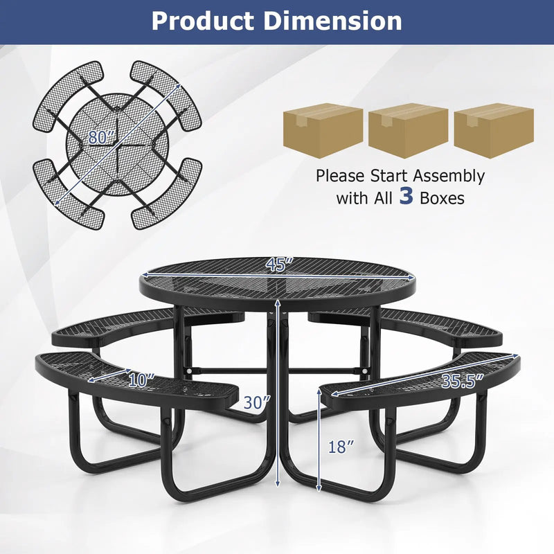 45 Inches Outdoor Round Picnic Table and Bench Set for 8 with Umbrella Hole-Black by DirectDeals
