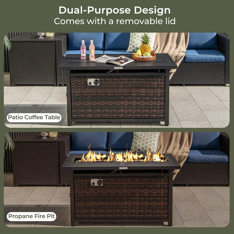45 Inch Propane Rattan Firepit Table with Glass Stones and Protective Cover-Mixed Brown by DirectDeals