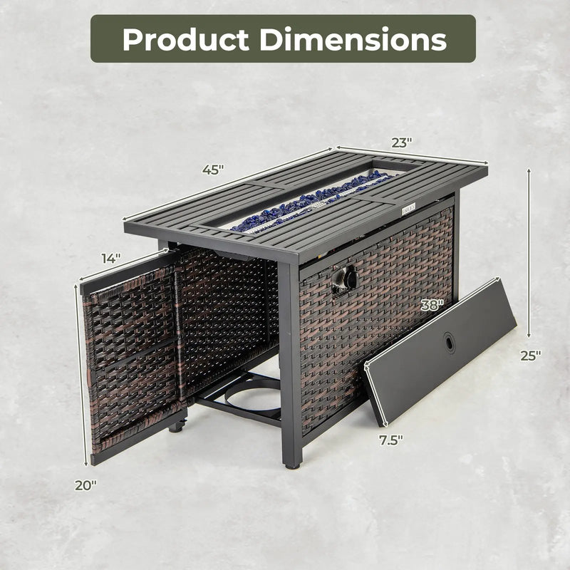 45 Inch Propane Rattan Firepit Table with Glass Stones and Protective Cover-Mixed Brown by DirectDeals