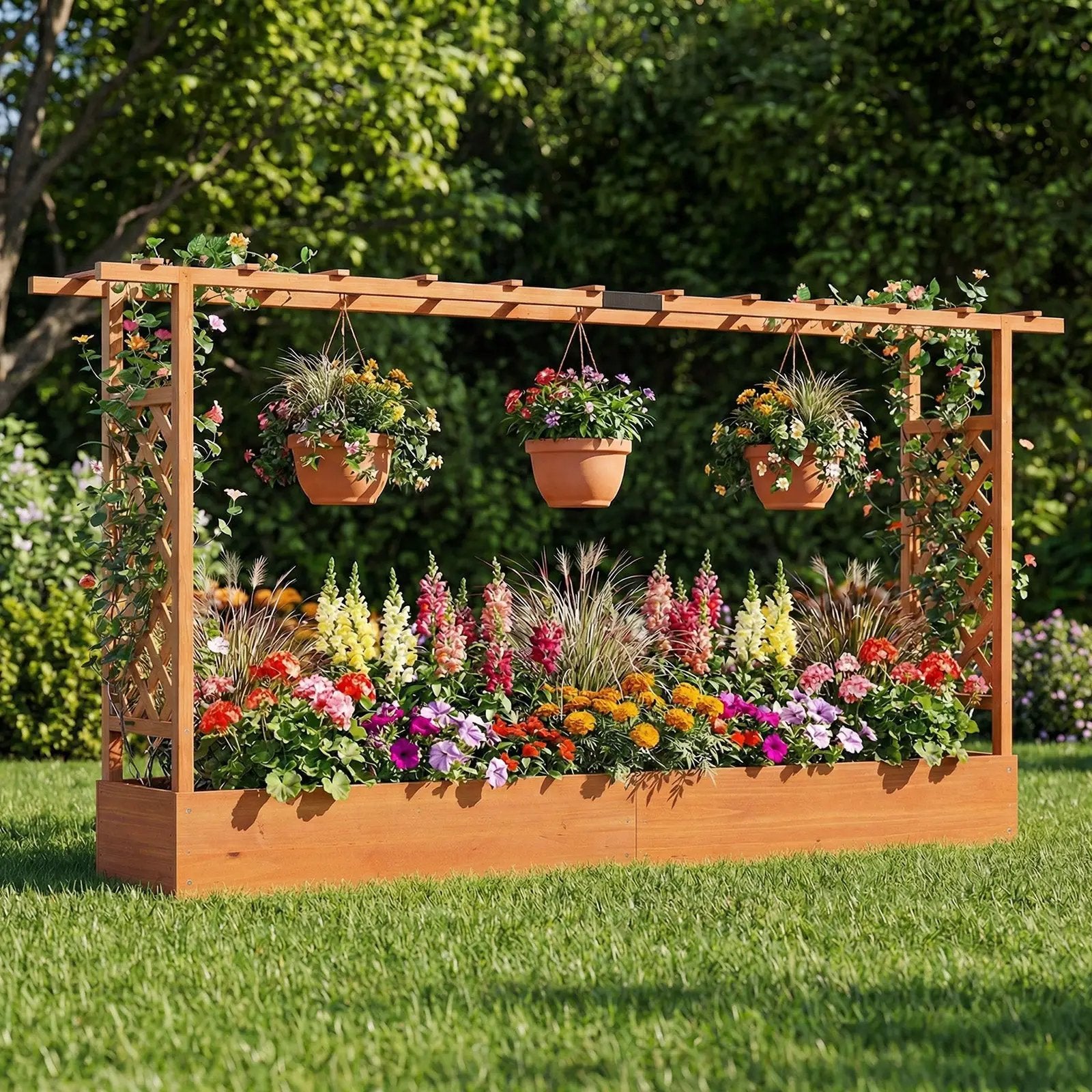 45 Inch Tall Wooden Raised Garden Bed with Side Trellis and Hanging Roof Drainage Holes by DirectDeals