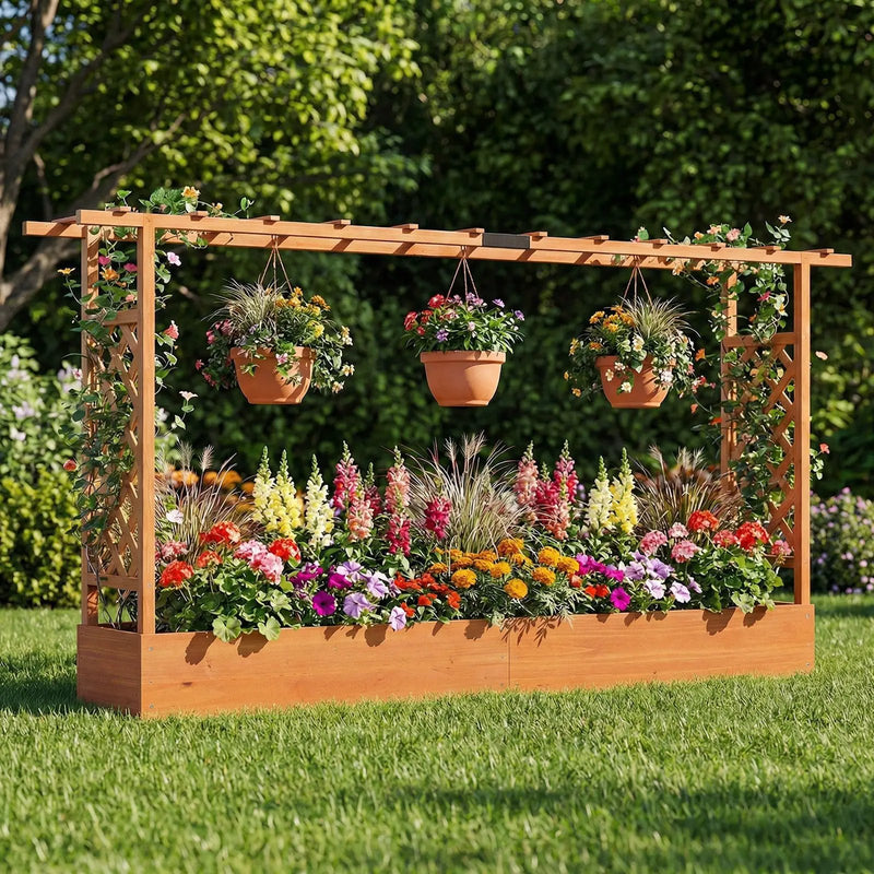 45 Inch Tall Wooden Raised Garden Bed with Side Trellis and Hanging Roof Drainage Holes by DirectDeals