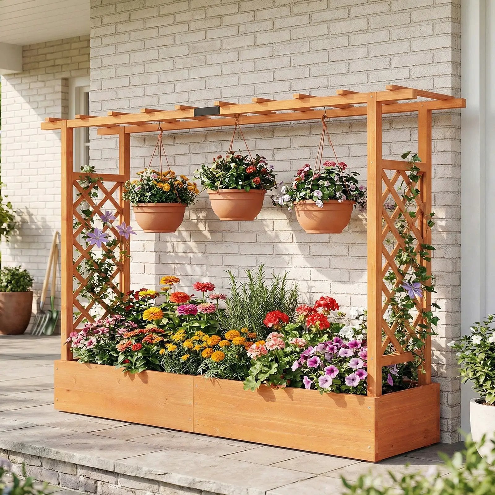 45 Inch Tall Wooden Raised Garden Bed with Side Trellis and Hanging Roof Drainage Holes by DirectDeals