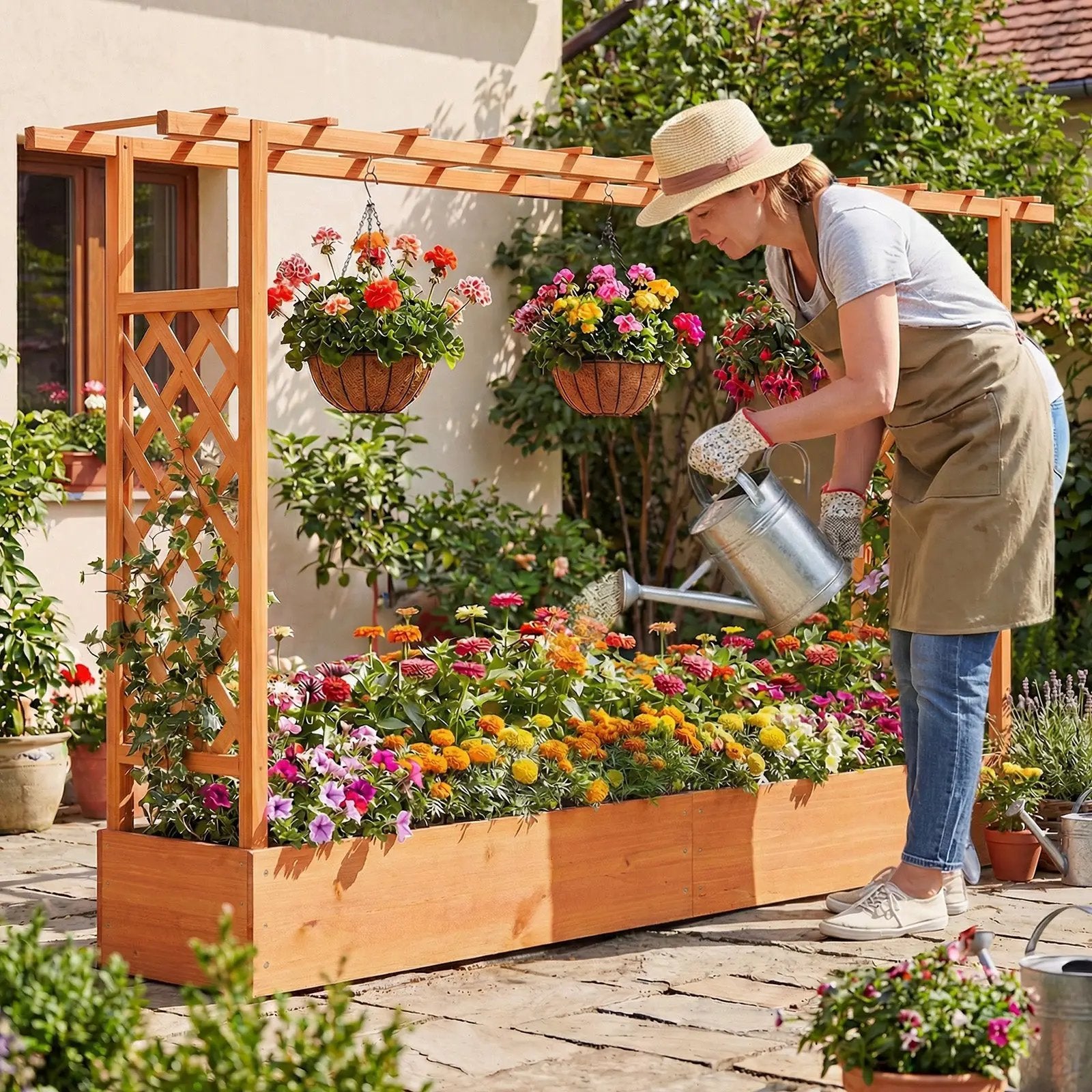 45 Inch Tall Wooden Raised Garden Bed with Side Trellis and Hanging Roof Drainage Holes by DirectDeals