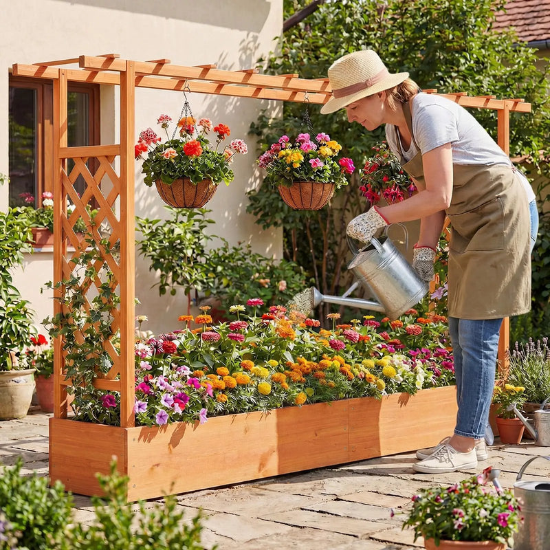 45 Inch Tall Wooden Raised Garden Bed with Side Trellis and Hanging Roof Drainage Holes by DirectDeals
