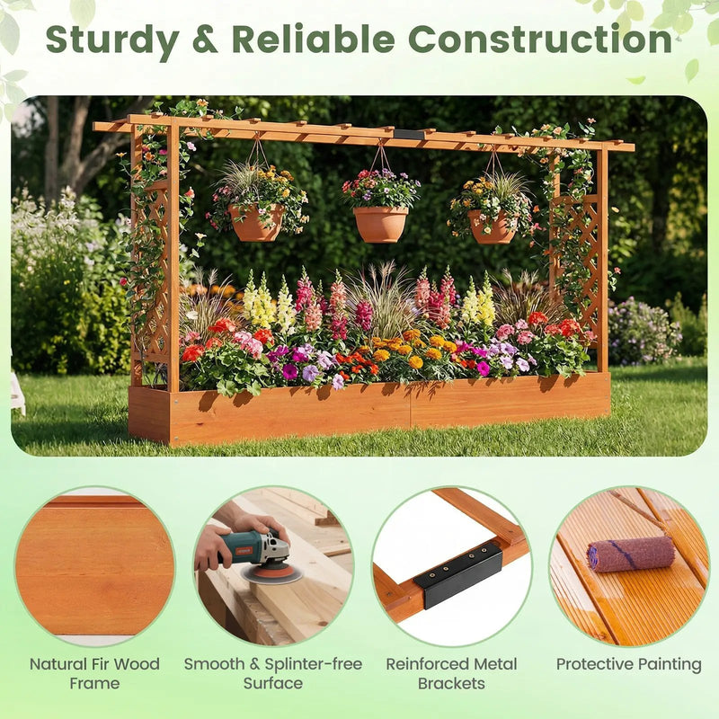 45 Inch Tall Wooden Raised Garden Bed with Side Trellis and Hanging Roof Drainage Holes by DirectDeals