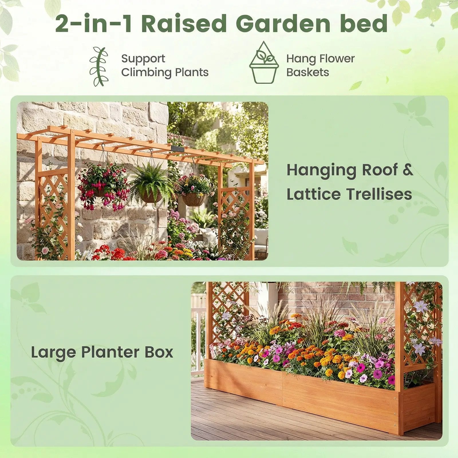 45 Inch Tall Wooden Raised Garden Bed with Side Trellis and Hanging Roof Drainage Holes by DirectDeals