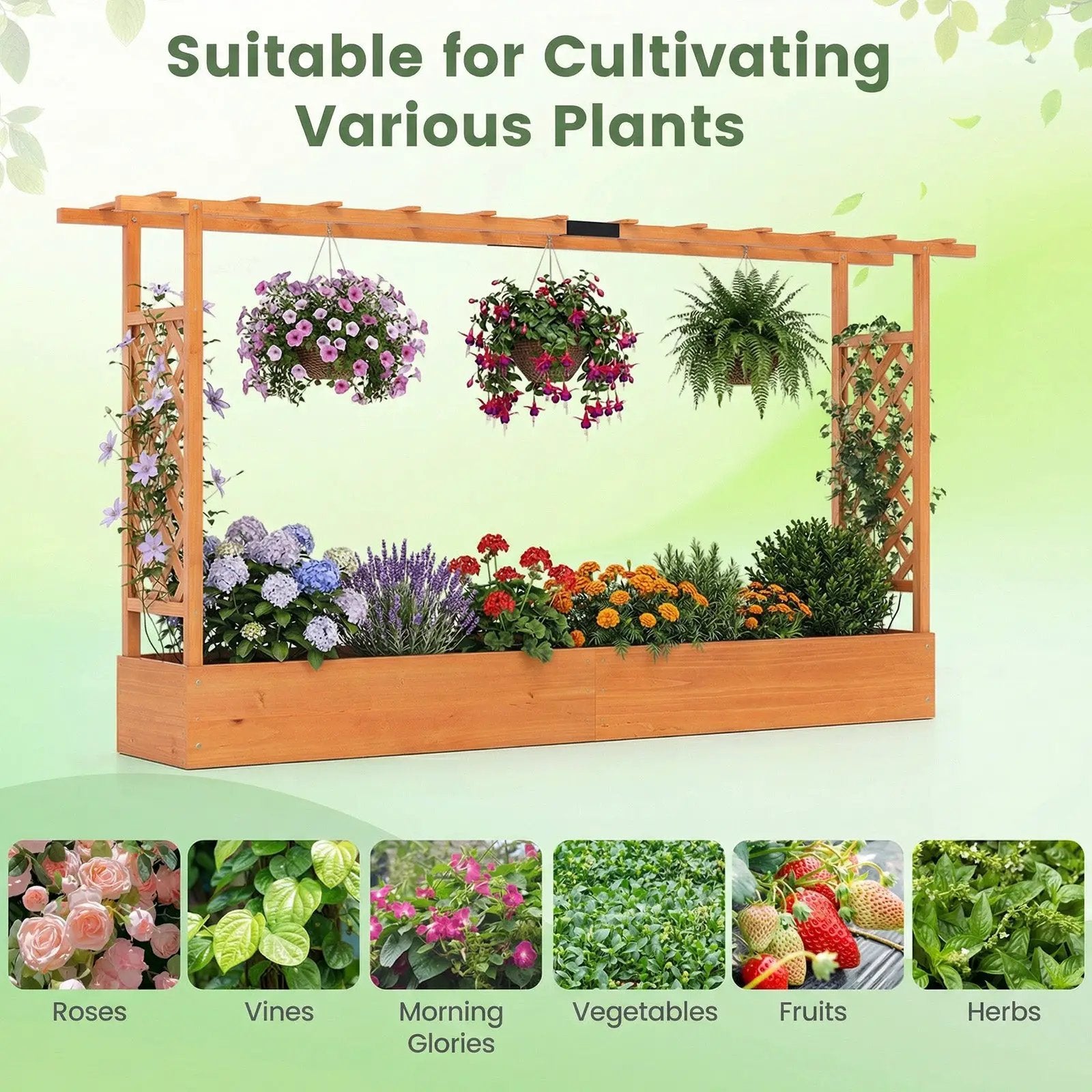 45 Inch Tall Wooden Raised Garden Bed with Side Trellis and Hanging Roof Drainage Holes by DirectDeals