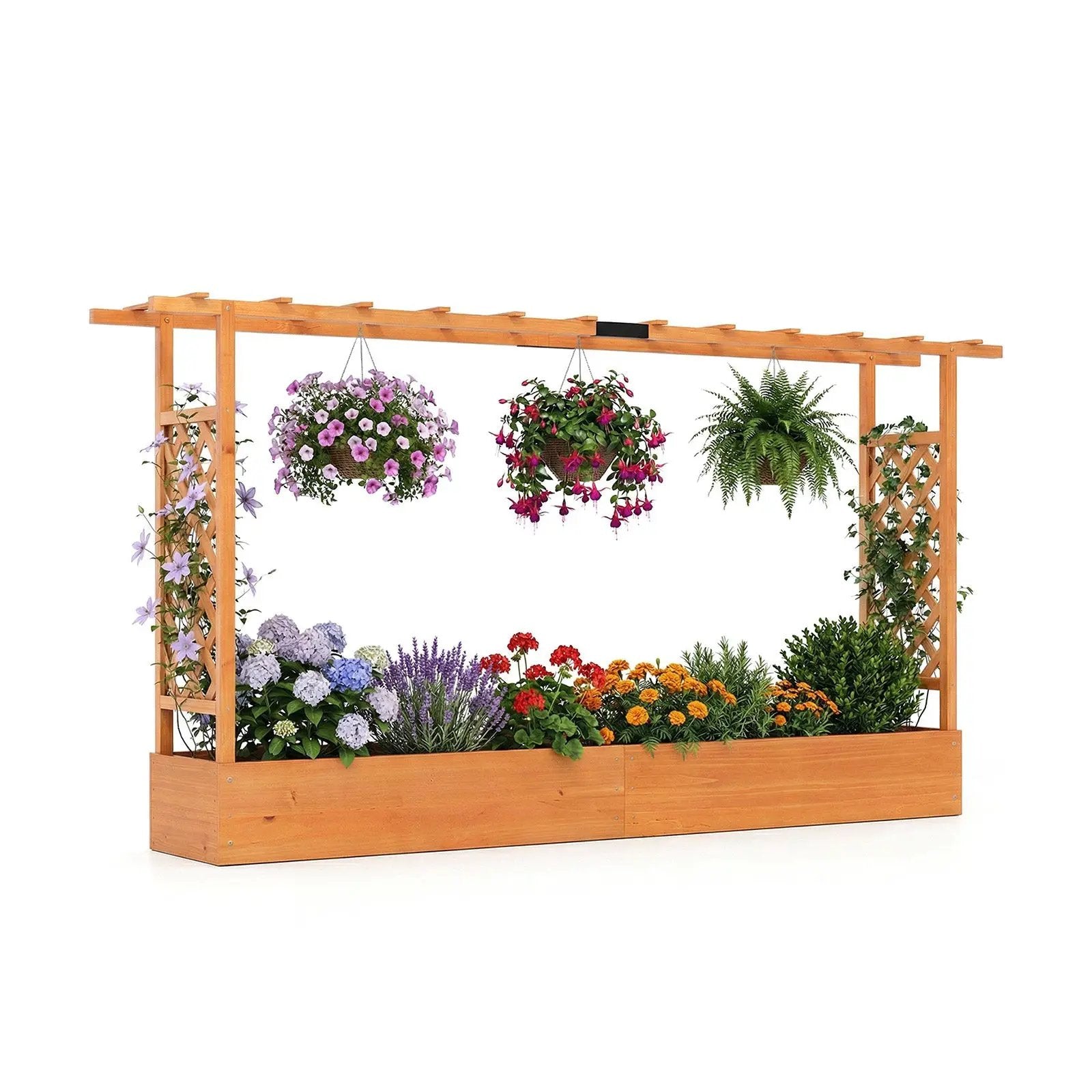 45 Inch Tall Wooden Raised Garden Bed with Side Trellis and Hanging Roof Drainage Holes by DirectDeals