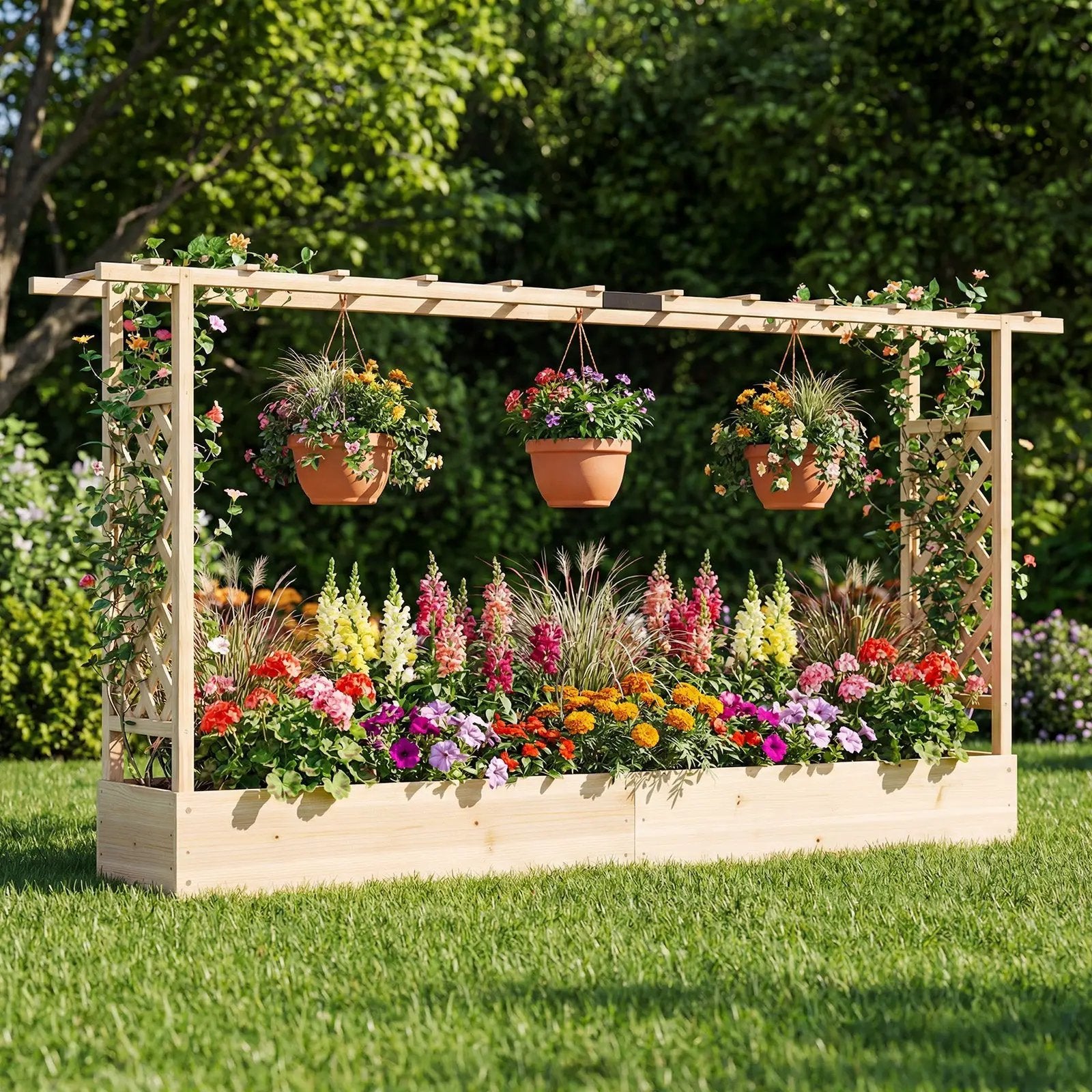 45 Inch Tall Wooden Raised Garden Bed with Side Trellis and Hanging Roof Drainage Holes by DirectDeals