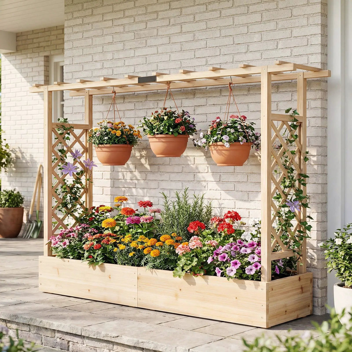 45 Inch Tall Wooden Raised Garden Bed with Side Trellis and Hanging Roof Drainage Holes by DirectDeals