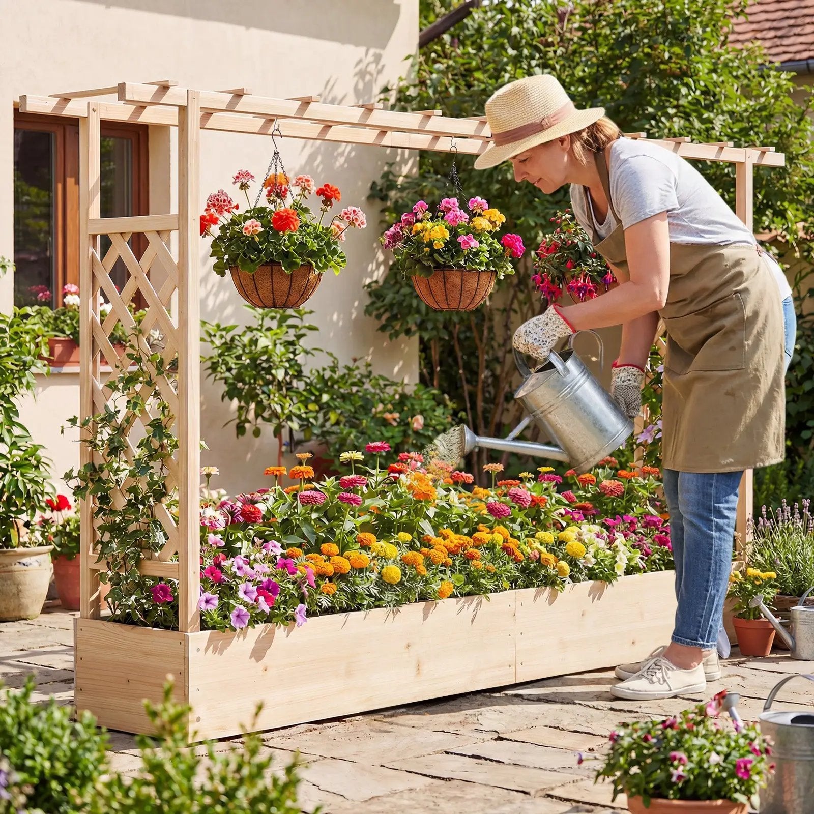 45 Inch Tall Wooden Raised Garden Bed with Side Trellis and Hanging Roof Drainage Holes by DirectDeals